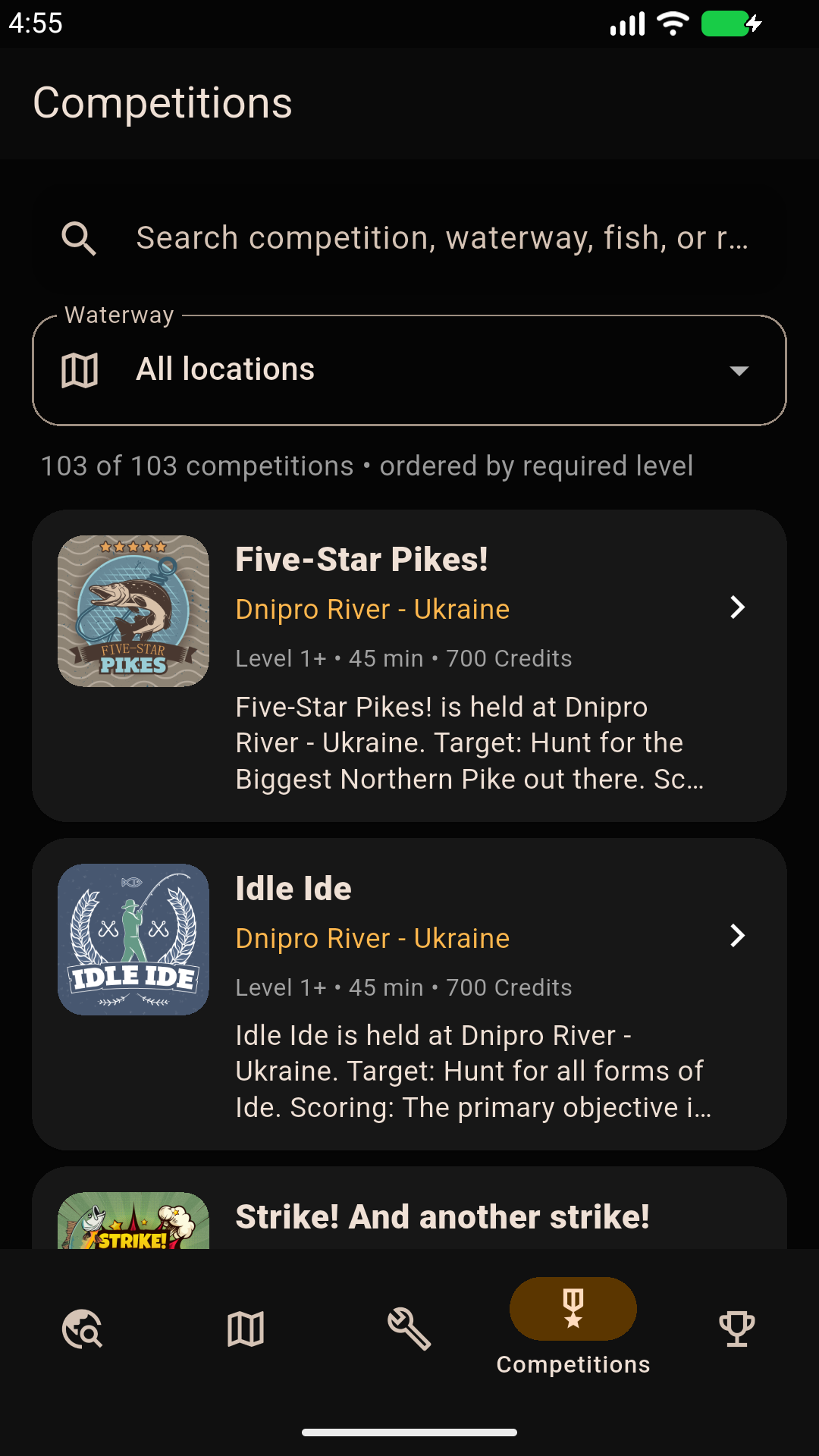 Competitions screen showing available Fishing Planet competitions