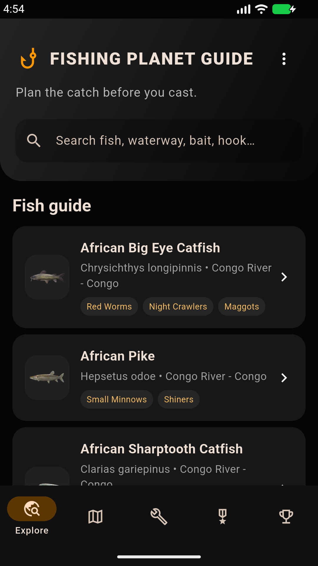 Explore screen showing the searchable fish guide