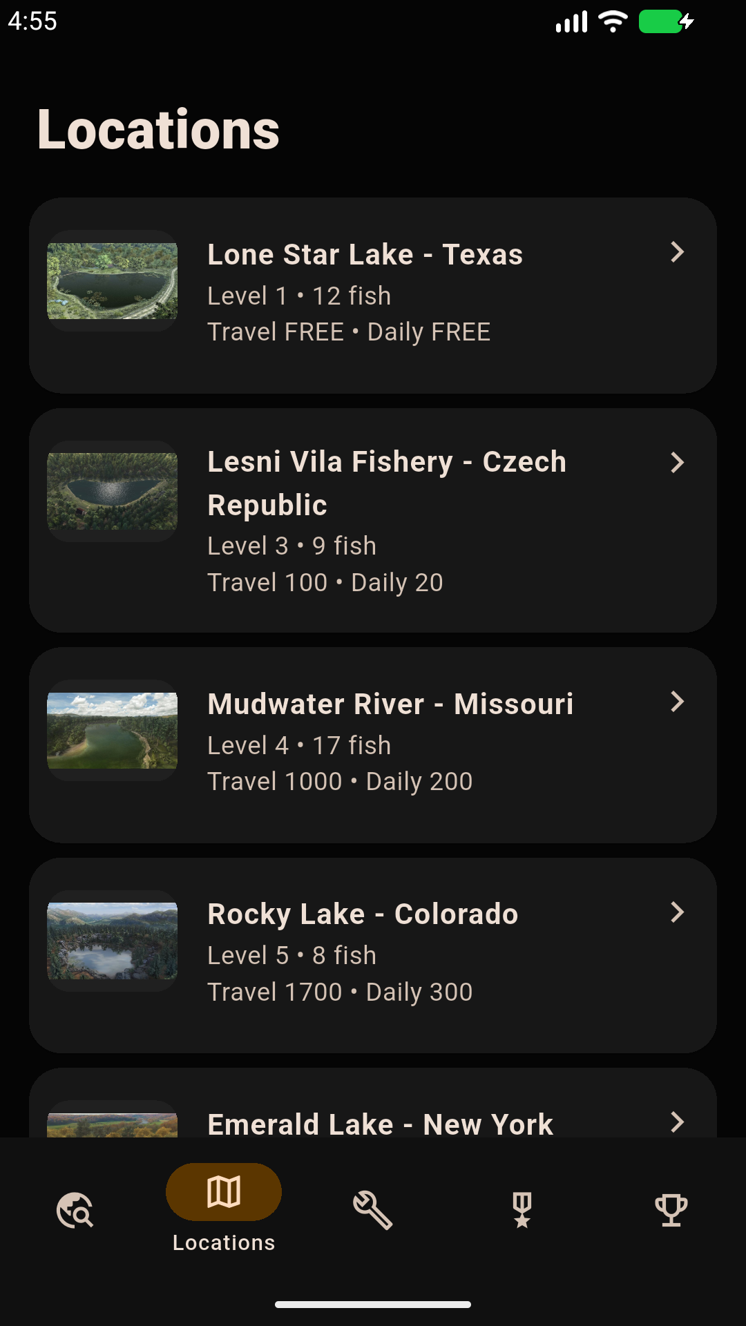 Locations screen showing level-ordered waterways