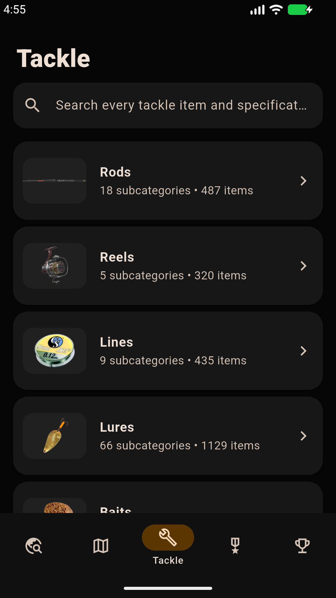 Tackle screen showing detailed equipment categories
