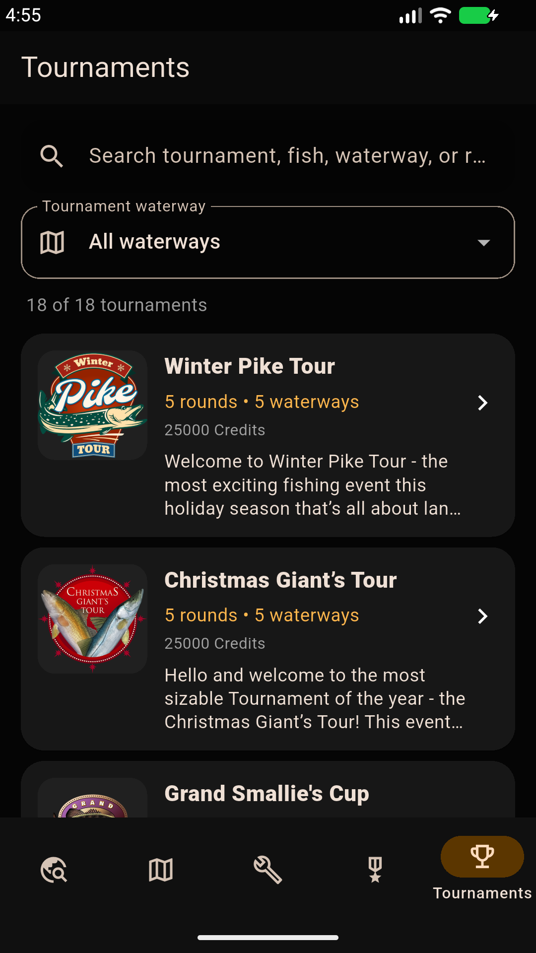 Tournaments screen showing available Fishing Planet tournaments