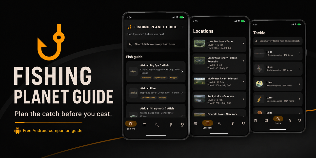 Fishing Planet Guide shown on three Android phones